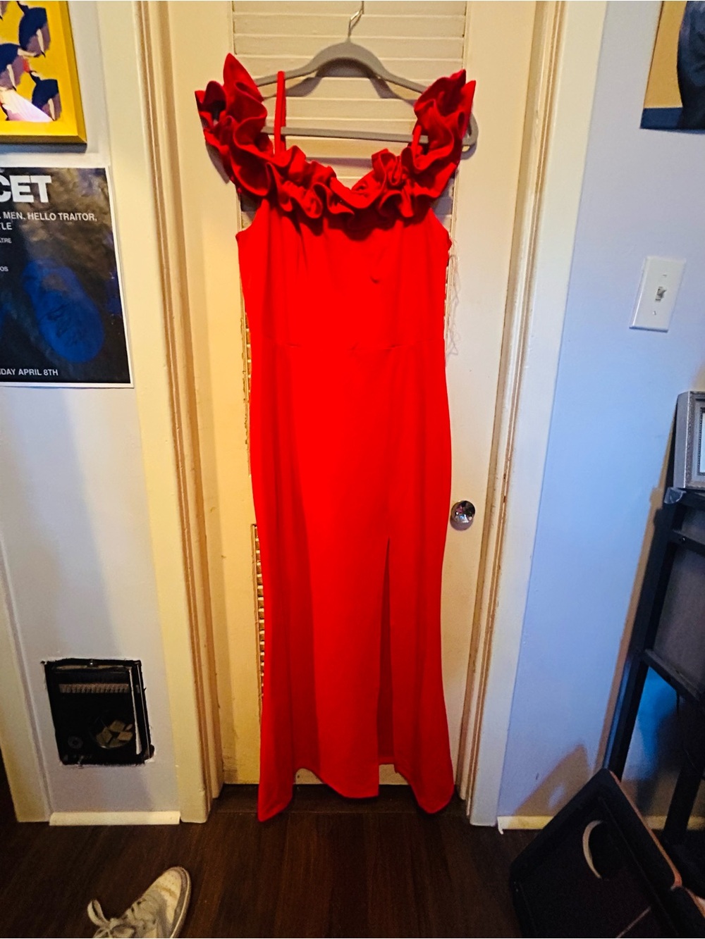 Red Ruffle-Detail Maxi Dress with Slim Straps